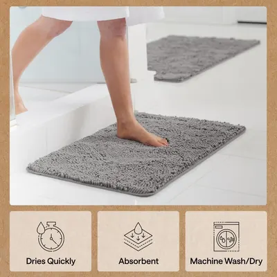 Communicates three key benefits in a segmented icon layout to reassure shoppers about the rug's quick-dry performance, absorbency, and easy care.