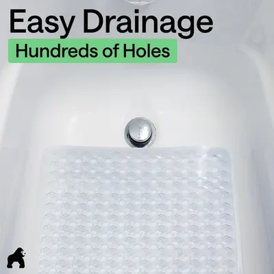 Highlights the mat's drainage capability with hundreds of holes, reassuring shoppers that water won't pool on the mat.