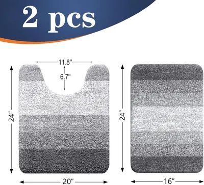Shows the customer exactly what they receive in the package (2 bathroom mats) along with precise dimensions for each piece to help them understand fit and…