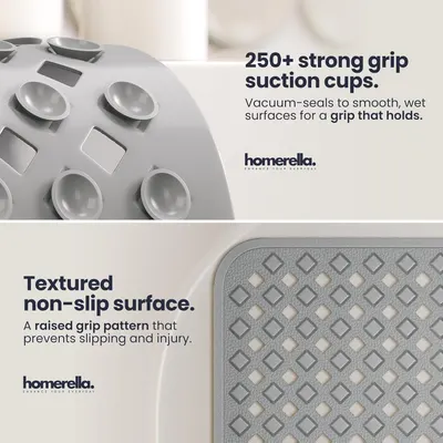 Highlights two distinct safety features in a segmented layout: the suction cup grip technology and the non-slip textured surface to reassure shoppers of…