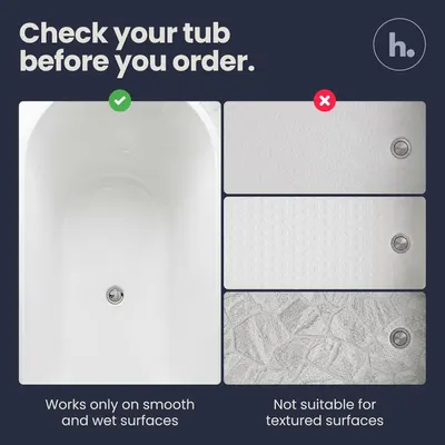 Shows which tub surfaces the product works with and which it does not, helping shoppers verify compatibility before purchase.