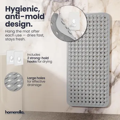 Breaks down the product's physical features with callouts and zoom circles to show how the mat is designed for hygiene and effective drying. Communicates…