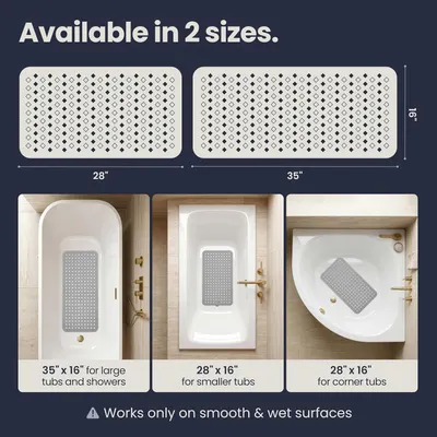 Shows the physical dimensions of the two available mat sizes and demonstrates how they fit in different tub configurations to help shoppers choose the right…