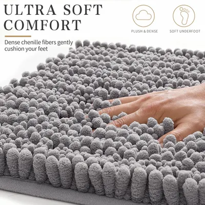 Highlights the soft, plush comfort of the chenille fibers that gently cushion feet, reassuring shoppers of the mat's comfort and quality.
