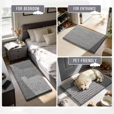 Demonstrates the mat's versatility across different rooms and uses, including bedroom, entrance, and as a pet-friendly option, showing it works for various…
