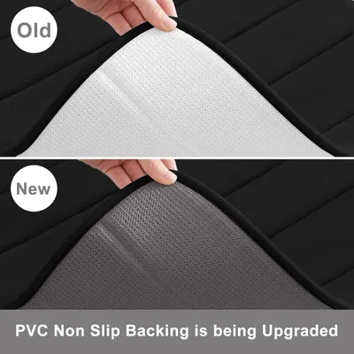 Demonstrates the product improvement by comparing the old PVC backing with the new upgraded non-slip backing, reassuring shoppers of enhanced safety and quality.