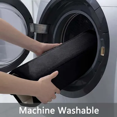 Shows that the mat is machine washable, communicating ease of cleaning and maintenance to shoppers for convenient care.