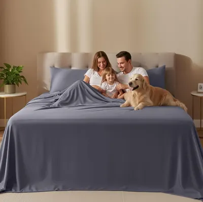 Shows the product in a real-world bedroom setting with a family and pet to demonstrate its suitability for everyday family life.