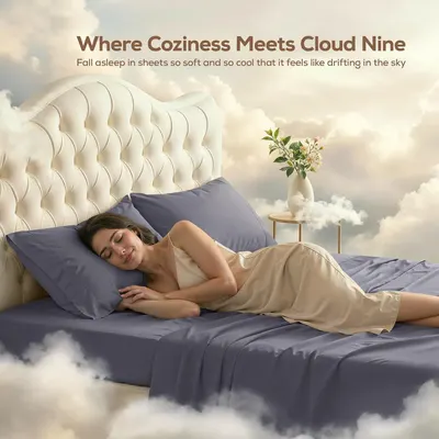 Communicates the luxurious softness and comfort of the sheets through a dreamy cloud-themed lifestyle scene with a single headline message.