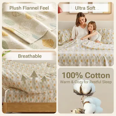 Showcases multiple distinct benefits of the flannel sheets in a segmented layout: softness, breathability, and natural cotton material, reassuring shoppers of…