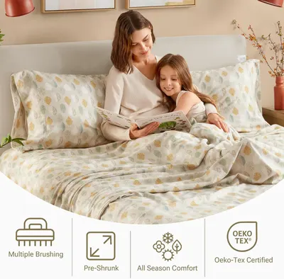 Highlights four distinct product benefits in a segmented icon layout: enhanced softness through brushing, pre-shrunk fabric, year-round comfort, and safety…
