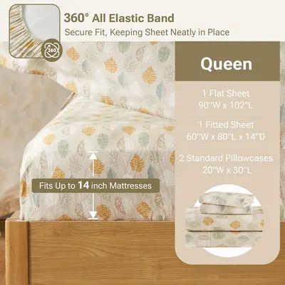 Shows exactly what is included in the Queen size set (flat sheet, fitted sheet, and pillowcases) with precise dimensions, helping shoppers understand what…