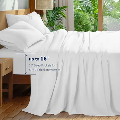 Shows the deep pocket dimension to reassure shoppers that the fitted sheet will accommodate thick mattresses from 8 to 18 inches.