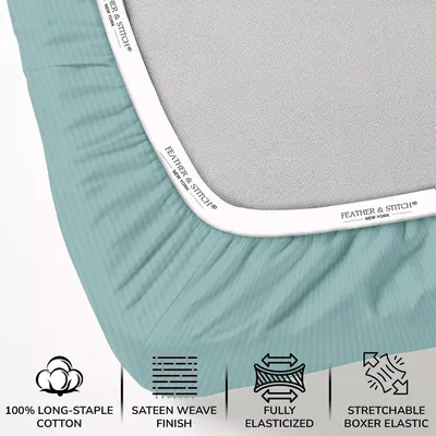 Highlights multiple material and construction benefits of the sheet set, including premium cotton, sateen finish, elasticized fit, and stretchable elastic to…