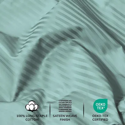 Communicates multiple product benefits including premium cotton material, sateen weave finish, and safety certification to reassure shoppers of quality and…