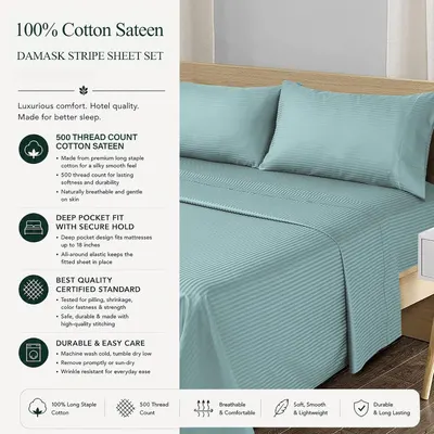 Presents multiple selling benefits in a segmented layout including thread count, fit, quality certifications, and care instructions to communicate…