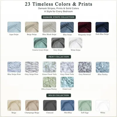 Showcases the brand's complete product line with 23 color and pattern options across damask stripe, print, and solid collections to help shoppers choose the…