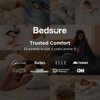 Showcases media endorsements from major publications and outlets to build credibility and trust, proving the brand's reputation for comfort.