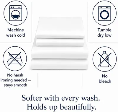 Provides clear care instructions showing how to wash and maintain the sheets to preserve quality and softness. Reassures shoppers that the sheets are easy to care for and will maintain their…