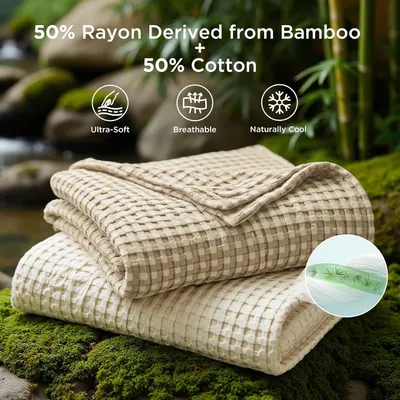 Highlights multiple material benefits of the bamboo-cotton blend, emphasizing softness, breathability, and cooling properties to reassure shoppers of comfort…