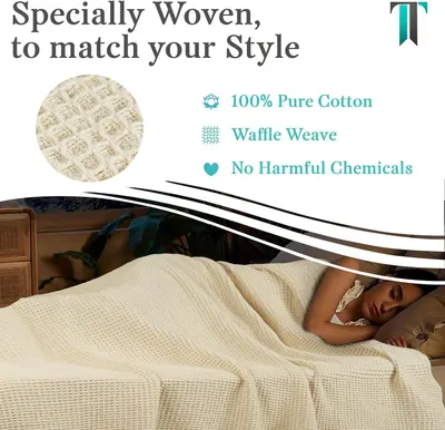 Communicates the premium material composition and safety of the blanket, emphasizing pure cotton construction, waffle weave texture, and chemical-free…