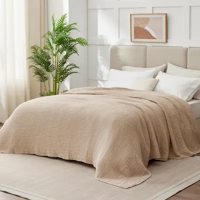 Shows the blanket styled in a real bedroom environment to help shoppers visualize how it looks in use.