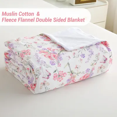 Highlights the dual-layer construction of the blanket, emphasizing the combination of muslin cotton and fleece flannel materials for comfort and versatility.