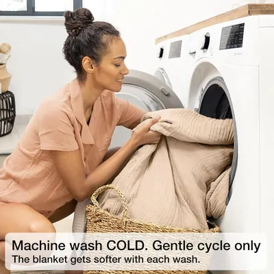 Instructs shoppers on proper care and washing to maintain the blanket's quality and softness over time. Communicates the convenience of machine washing to reassure shoppers about low-maintenance care.