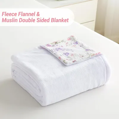 Emphasizes the reversible double-sided construction of the blanket, showing both the fleece flannel and muslin sides for versatile use.