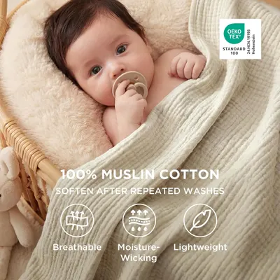 Highlights multiple key benefits of the muslin cotton blanket including material quality, breathability, moisture-wicking, and lightweight properties, along…