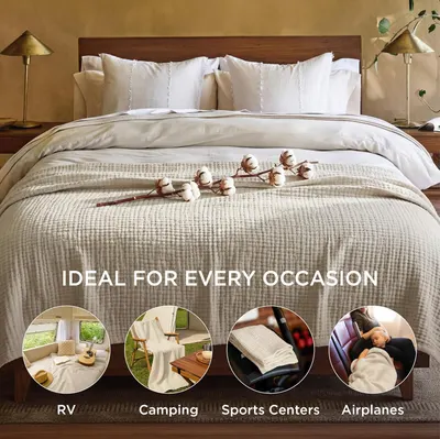 Demonstrates the versatility of the blanket by showing it can be used in multiple different environments and scenarios, from travel to outdoor activities.