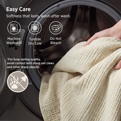 Highlights multiple care instructions and benefits including machine washability, durability through repeated washes, and pet-friendly design to reassure…