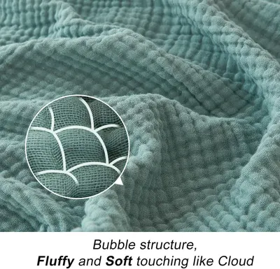 Uses a zoom-in circle to highlight the physical bubble weave structure of the blanket, emphasizing its fluffy and soft tactile quality. Communicates the…
