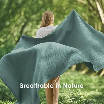 Showcases the blanket's breathability in a natural outdoor setting, reinforcing comfort and airflow as a key benefit.