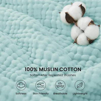 Highlights multiple material benefits of the muslin cotton blanket including softness, skin-friendliness, breathability, and lightweight properties to…