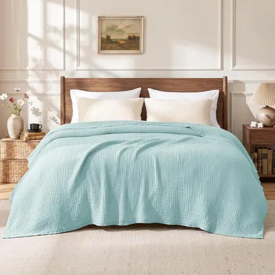 Shows the blanket in a real bedroom environment to help shoppers visualize the product in their own home.