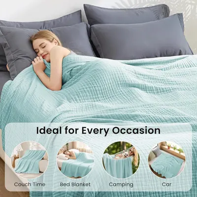 Demonstrates the versatility of the blanket by showing it can be used in multiple scenarios including couch, bed, camping, and car to appeal to diverse…