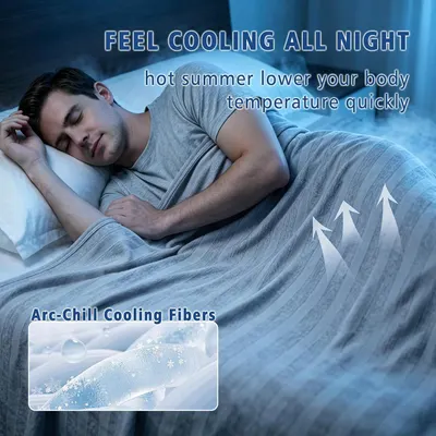 Communicates that the blanket keeps users cool all night by lowering body temperature quickly during hot summer nights, with a focus on the Arc-Chill cooling…