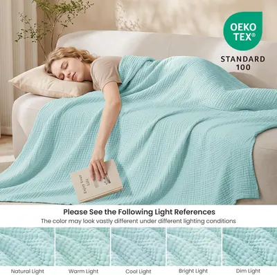 Highlights the OEKO-TEX certification to reassure shoppers of product safety and provides a visual reference for how the blanket color appears under different…