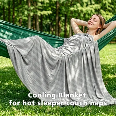 Shows the cooling blanket can be used in multiple scenarios including hot sleeper use, couch naps, and outdoor hammock relaxation.