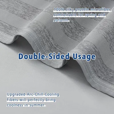 Highlights the blanket's double-sided design with 100% silky protein microfiber, emphasizing versatility for spring and autumn use and the upgraded Arc-Chill…