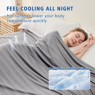 Emphasizes the blanket's ability to provide all-night cooling comfort by quickly lowering body temperature during hot summer, featuring the Arc-Chill cooling…