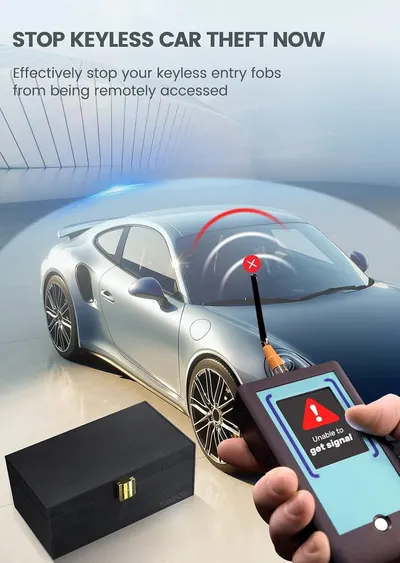 Communicates the primary security benefit of the Faraday box: preventing keyless car theft by blocking remote access to key fobs.
