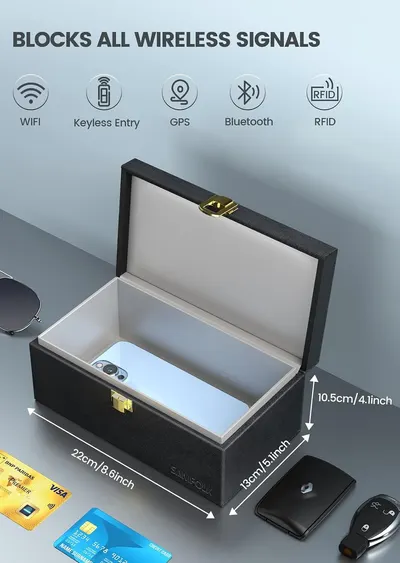 Highlights the product's ability to block all wireless signals (WiFi, Keyless Entry, GPS, Bluetooth, RFID) to protect stored items from remote access. Shows the physical dimensions of the box (22cm…