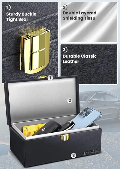 Breaks down the physical construction of the Faraday box by highlighting three key components: the secure buckle closure, the double-layered signal-blocking fabric, and the premium leather exterior.…