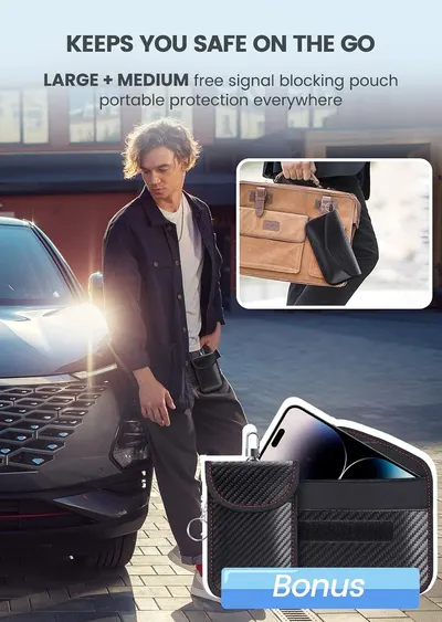 Shows that the purchase includes bonus portable Faraday pouches (large and medium) in addition to the main box, emphasizing portability and on-the-go protection.