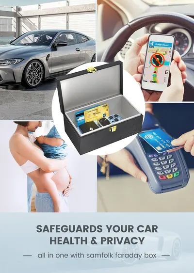 Demonstrates multiple use cases for the Faraday box: protecting car keys from theft, preventing GPS tracking, safeguarding pregnant individuals from wireless…