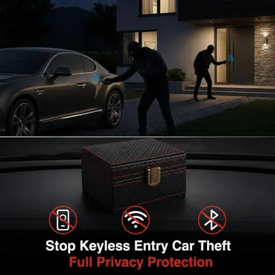 Communicates that the Faraday box blocks wireless signals to prevent keyless car theft, providing security and peace of mind for car owners.