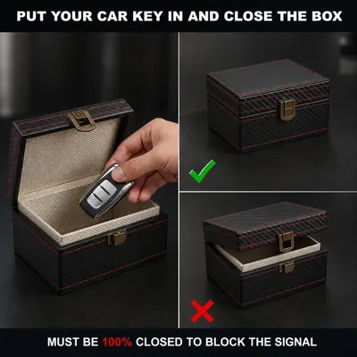 Instructs users on the correct way to use the box—it must be fully closed to effectively block wireless signals and prevent theft. Emphasizes that proper closure is essential for the product to…