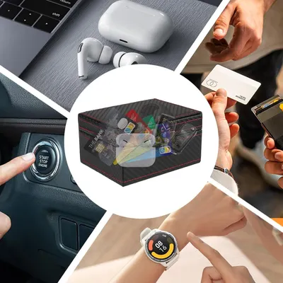 Shows the box can be used in multiple scenarios—storing car keys, credit cards, earbuds, smartwatches, and other wireless devices—highlighting its versatility…